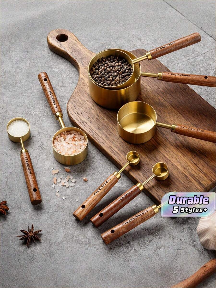 4/8pcs Measuring Cup And Spoon, Stainless Steel Measuring Cup And Measuring Spoon Set, Acacia Wooden Handle Stainless Steel Measuring Cup For Dry Goods And Liquid Ingredients, Baking Tools DIY, Seasoning Spoon Take Powder Spoon Coffee Spoon - Multicolor - View 1