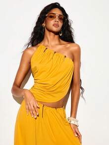 Femmeiva Summer Asymmetric Shoulder Ruched Tropical Sexy Tank Top Neck Strap Slim Fit Elastic Knit Beach Vacation Mustard Yellow - Yellow - View 2