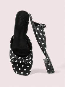 CUCCOO DOLLMOD Women's Shoes, Black And White Polka Dot Bow Decorative Square Toe Flat Sandals, Casual Satin Open-Toed Slippers, Suitable For Daily Wear - Black - View 1