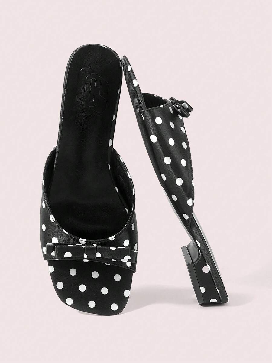 CUCCOO DOLLMOD Women's Shoes, Black And White Polka Dot Bow Decorative Square Toe Flat Sandals, Casual Satin Open-Toed Slippers, Suitable For Daily Wear - Black - View 1