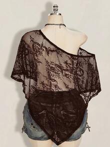 SHEIN ICON 大尺碼女款蕾絲性感透視日常罩衫上衣 - 棕色 - 查看 2