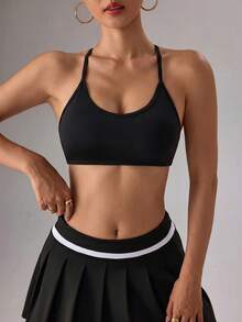 SHEIN Dewbera 女款純色交叉背日常健身運動內衣 - 黑色 - 查看 5