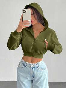 SHEIN PETITE Mujer unicolor Cremallera Delantera Manga Larga Bolsillo - Verde militar - Ver 3