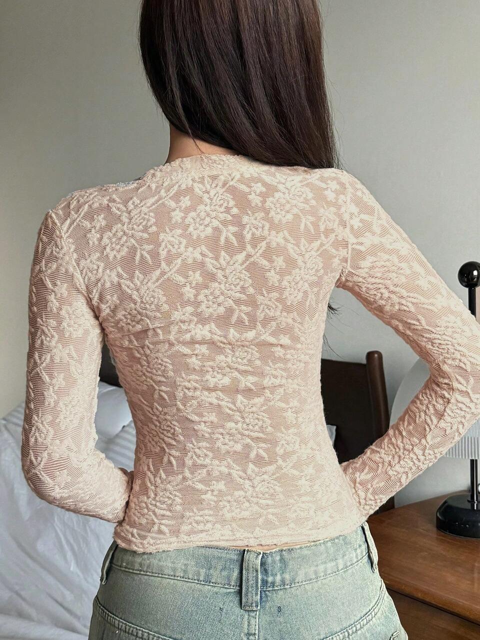 Women's Lace Textured Semi-Sheer Round Neck Long Sleeve Fitted Base Layer Top, Minimalist Sexy Sexy Casual Fall