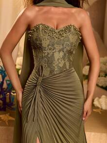 Glamrae Elegant Luxury Olive Green Beaded Lace Satin Patchwork Strapless Sheer Skirt Pleated Mermaid Fishtail High Slit Train Formal Evening Gown For Date - Olive Green - View 10