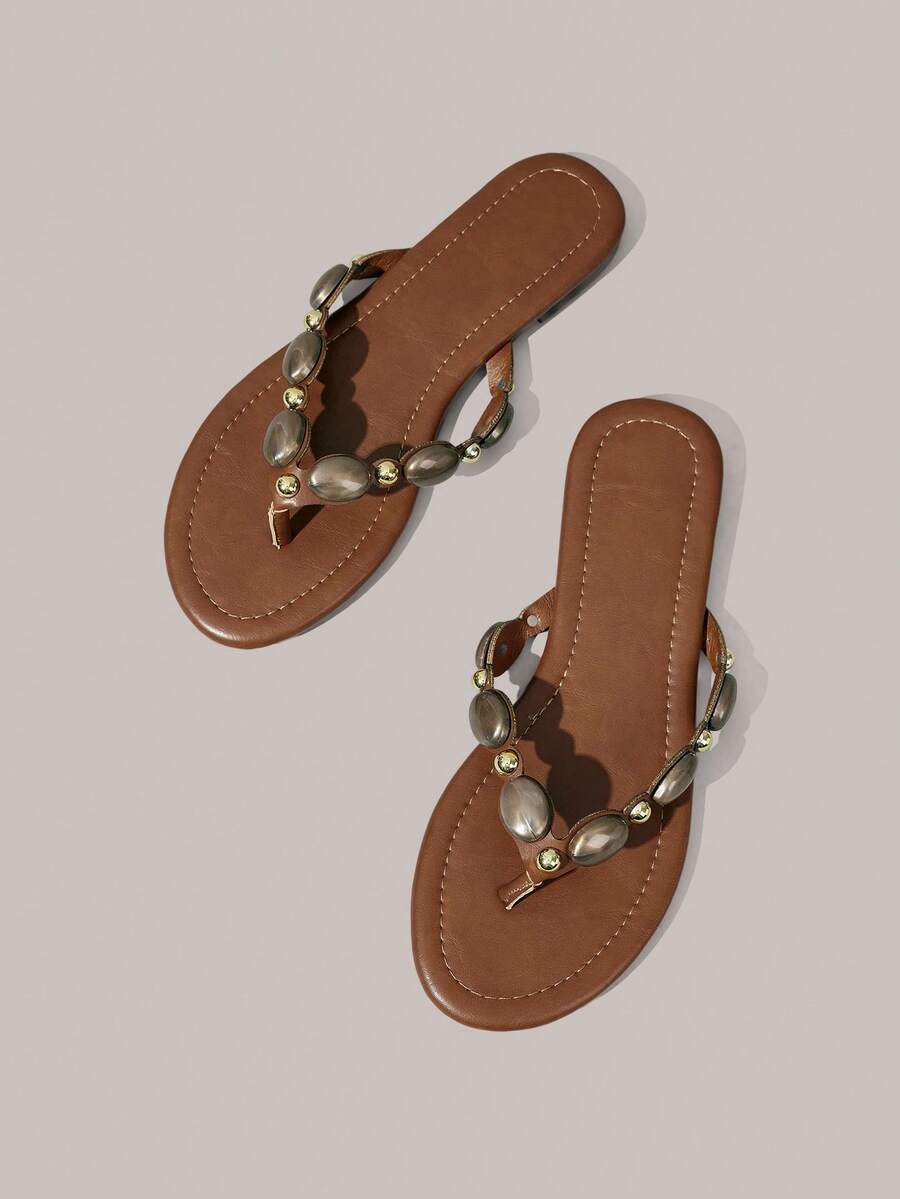 Styleloop Chocolate-Colored Riveted Flip-Flops, Inlaid With Retro Gold Pyramid Decoration, Bold And Avant-Garde In Shape, Suitable For Holiday Style, Spring Str - Camel TS - View 1