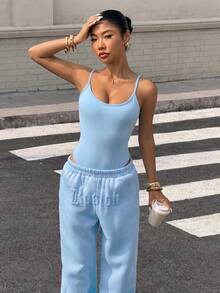 Muchica Solid Color Camisole Long Pants 2 Pieces Sports Athletic Sporty Set For Women Back-To-School Daily Day Time Everyday Office Light Blue Summer - Blue - View 3