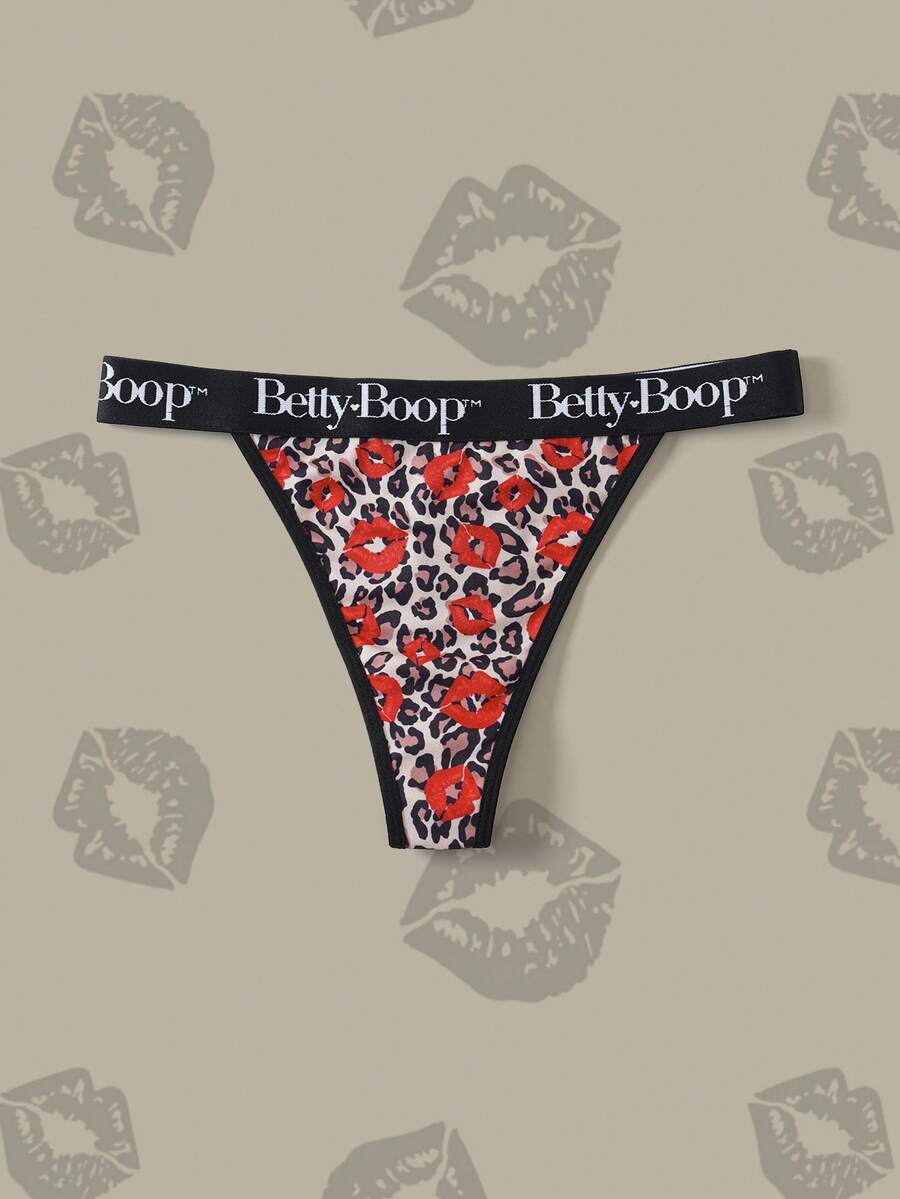 Betty Boop x SHEIN Women's Letter Waist Leopard Print Lip Graphic Fashion Thong - Brown - View 1