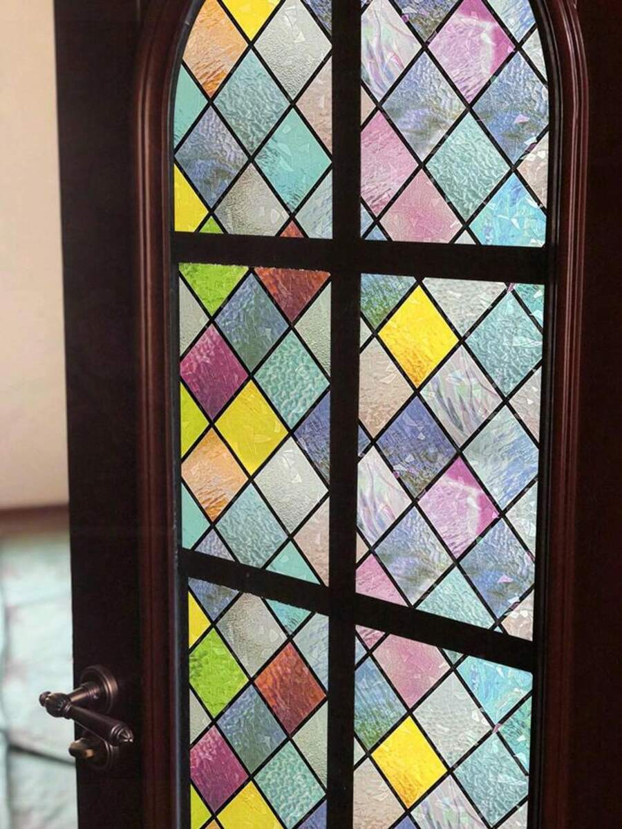 1 Roll Retro Diamond Window Decorative Privacy Film, Rainbow Grid Pattern, Non-Adhesive UV Blocking Static Cling Window Film, Suitable For Home Decor