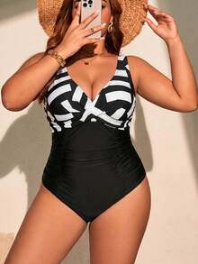 Swim Lushoire 2026 New Plus Size Women Geometric Print Ruched One-Piece Swimsuit Comfortable Support Black And White Summer Vacation Holiday Tropical Pool Party - Multicolor - View 4