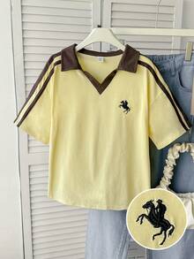 SHEIN Tween女孩運動街頭開學休閒大學風黃色POLO領撞色裝飾短袖寬鬆T恤 - 黃色 - 查看 3