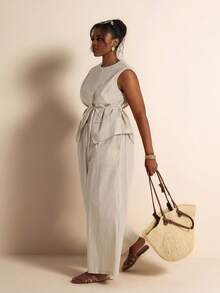 Elaquor Set casual da 2 pezzi da donna taglie forti con blusa a tinta unita con collo rotondo e laccio in vita e pantaloni - Albicocca - Visualizzare 4