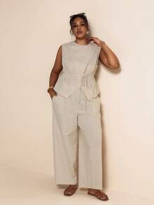 Elaquor Set casual da 2 pezzi da donna taglie forti con blusa a tinta unita con collo rotondo e laccio in vita e pantaloni - Albicocca - Visualizzare 5