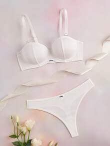 Elorette Conjunto de lencería de 2 piezas blanco con aro, cómodo, tipo balconette, de gran soporte, push-up, levantador, minimalista, para uso diario, casual y cómodo, sujetador + bragas, talla grande - Blanco - Ver 8