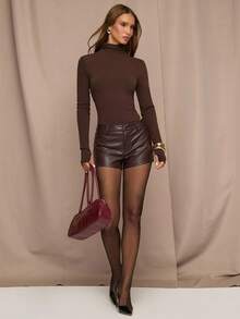SHEIN BAE Pantalones cortos de unicolor para mujer de moda para ir al trabajo - Marrón Chocolate - Ver 5