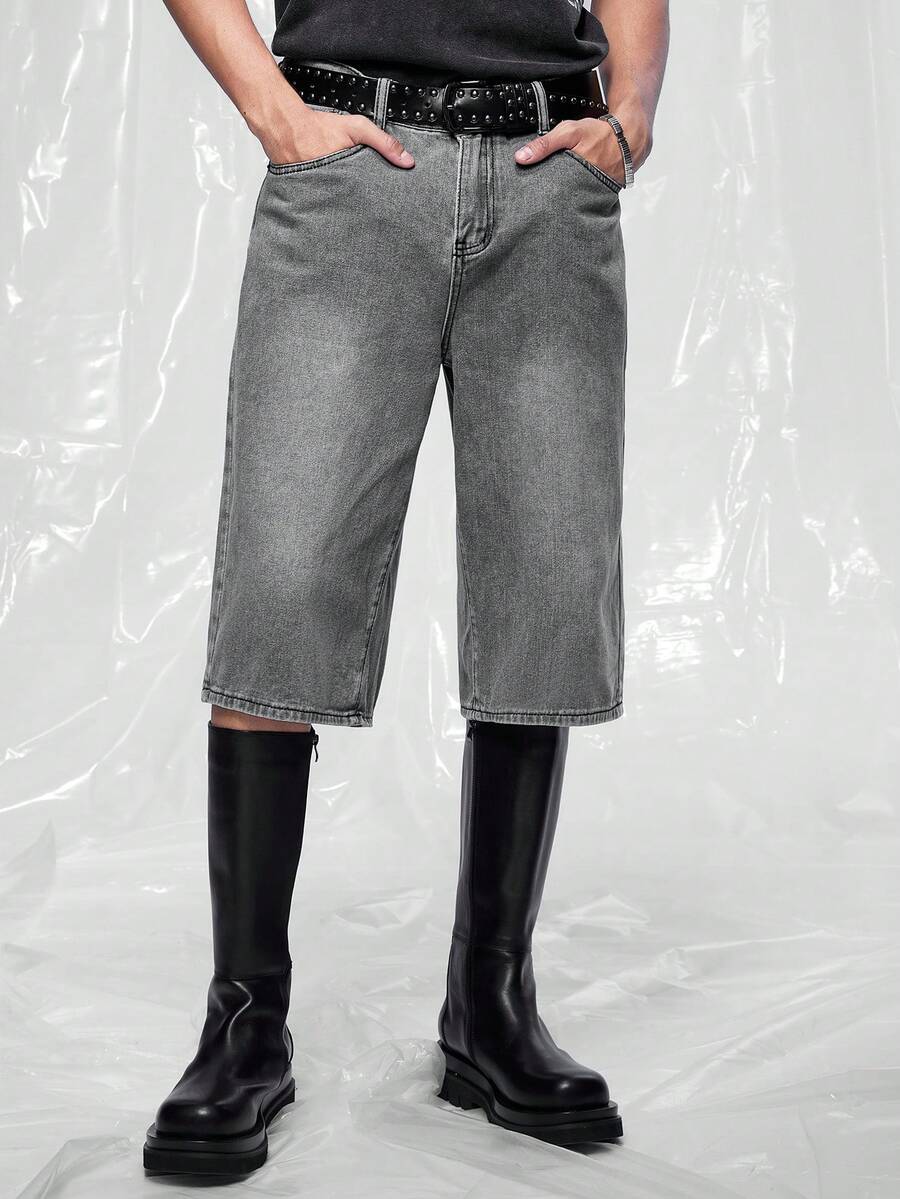 IRON GLYPH Men's Casual Washed Loose Wide Leg Denim Shorts - Grey - View 1