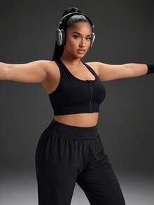 Powerista Women's Plus Size Solid Color Racerback Sports Bra Front-Opening Zipper For Sports, Fitness, Running, And Leisure Black Workout All Seasons  Going Out - Black - View 8