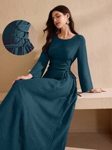 Graceveil Round Neck Solid Color Drawstring Tie Arabian Dress - Blue - View 1