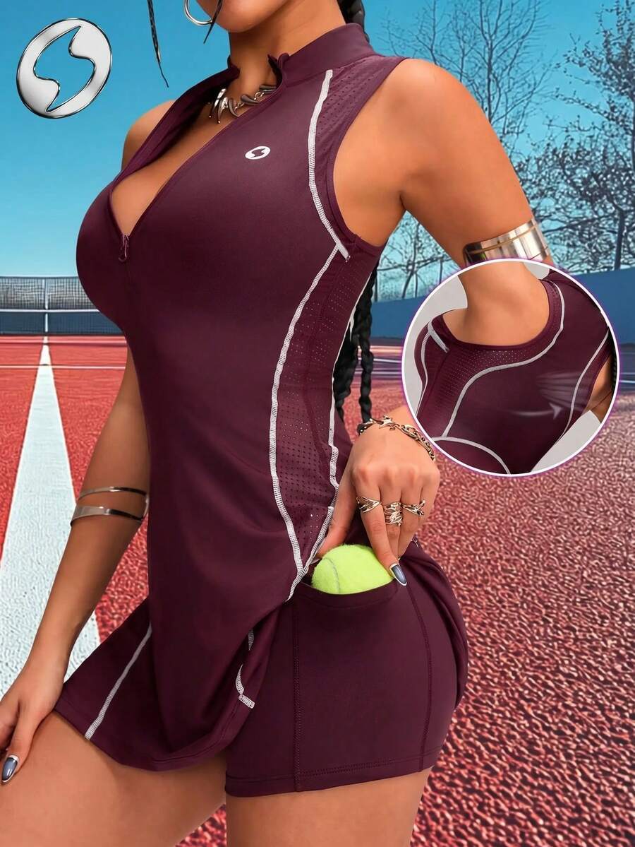 Innovista Innovista 女款 2 件式網球運動休閒套裝，無袖前拉鍊運動洋裝，可拆式胸墊，附口袋短褲，網布拼接修身設計，適合高爾夫、匹克球、健身房 - 酒紅色 - 查看 1