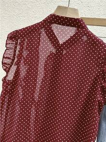 Franclia 女款黑色波點雪紡襯衫，優雅浪漫荷葉邊百褶設計 - 鏽棕色 - 查看 3