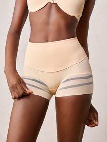 Veilyse 1pc Women High Waist Shaping Panties, Striped Lifting Mesh Waist Slimming Pants, Abdomen Control Flat Belly Shapewear Shorts - Apricot - View 6