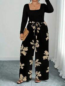 Elenzga Plus Size Women's Floral Print Square Neck Long Sleeve Wide Leg Jumpsuit - Black - View 5