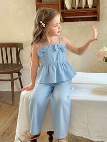 Souflis Souflis Young Girls Summer Cute Fresh 2 Pieces Set, 3D Bow Dress-Style Camisole Top + Loose Straight Wide Leg Pants, Suitable For Daily Wear, Travel, Vacation, Party, Gathering - Blue - View 3