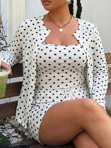 Muchica 大尺碼女款白色印花細肩帶背心綁帶短褲長袖開襟衫三件套 秋季 機場 度假 1950年代復古 傳統 90年代 - 彩色 - 查看 1