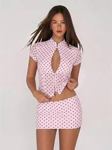 SHEIN ICON 女款 2 件組波點網格印花鏤空前開襟上衣與緊身迷你裙套裝 - 粉色 - 查看 4