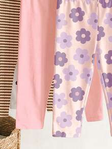 SHEIN Random 4 PACK Send 3PACK Versatile Color Series, Sweet Cute Floral & Striped Series, Baby Girl Cute Comfortable Casual Leggings Elastic Leggings Suitable For Spring/Summer Daily Wear, School, Outings, Street, Vacation, Picnic, Farm - Multicolor - View 5