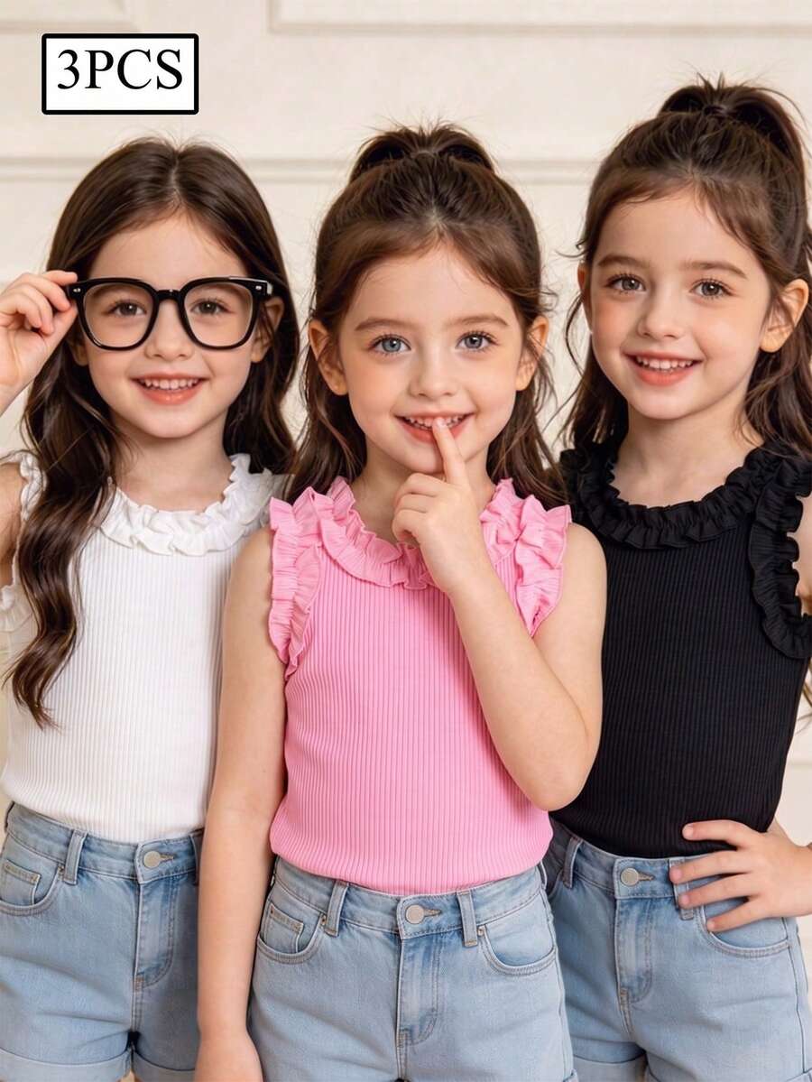 SHEIN Genkimix Kids 少女 3 件組：夏季純色荷葉邊背心上衣－粉色、白色與黑色