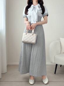 FRIFUL 女款時尚條紋拼接綁帶短袖洋裝，適合度假夏季 - 灰色 - 查看 3