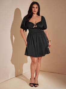 SHEIN BAE CURVE Plus Size Women's Black Flared Mini Dress, Square Neck Puff Sleeve Little Short Gold, Summer, Elegant Formal Cocktail Party Evening Date Night - Black - View 5