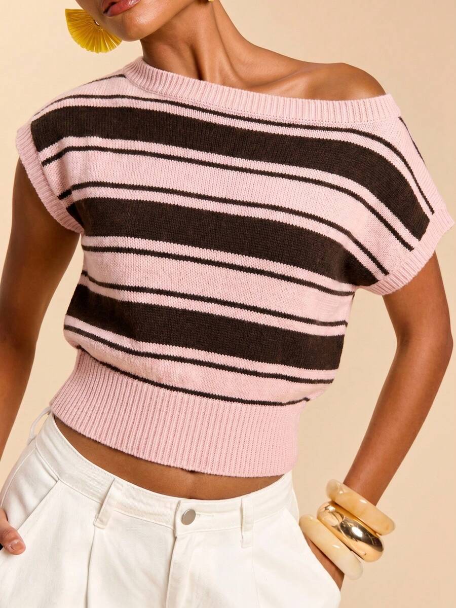 Travachic Women's Colorblock Pink Stripe Asymmetric Collar Knit Top Everyday Date Summer Retro Vintage 70s 70s Retro Casual - Multicolor - View 1