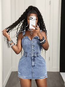 BamGleam Women's Spring/Summer Button Multi-Pocket Frayed Distressed Blue Denim Dress - Medium Wash - View 6