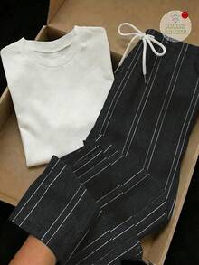 SHEIN Essnce 2pcs/Set Embroidered Round Neck Short Sleeve Top And Striped Print Pants, Casual - Multicolor - View 5