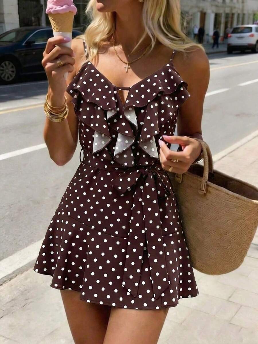 SHEIN PariChic Women's Vacation Style Ruffle V-Neck Cami Dress - Brown - View 1