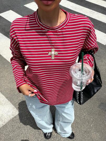 Muchica Women's Round Neck Striped Colorblock Casual Versatile Daily Wear T-Shirt