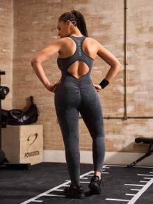 Powerista Jumpsuit Olahraga Pembentuk Tubuh Wanita Ukuran Besar dengan Motif Huruf, Potongan Belakang Model Racerback, Tanpa Jahitan, Cocok untuk Gym, Lari, Olahraga, Kebugaran, Bernapas, Sepanjang Musim - Grey - View 4