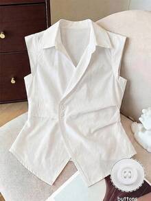 Camisa de botones minimalista de unicolor para niñas preadolescentes - Blanco - Ver 7