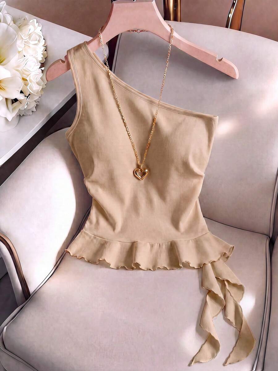 GlowEve Women's Solid Color Ruffle Hem Shoulder Top - Khaki - View 1