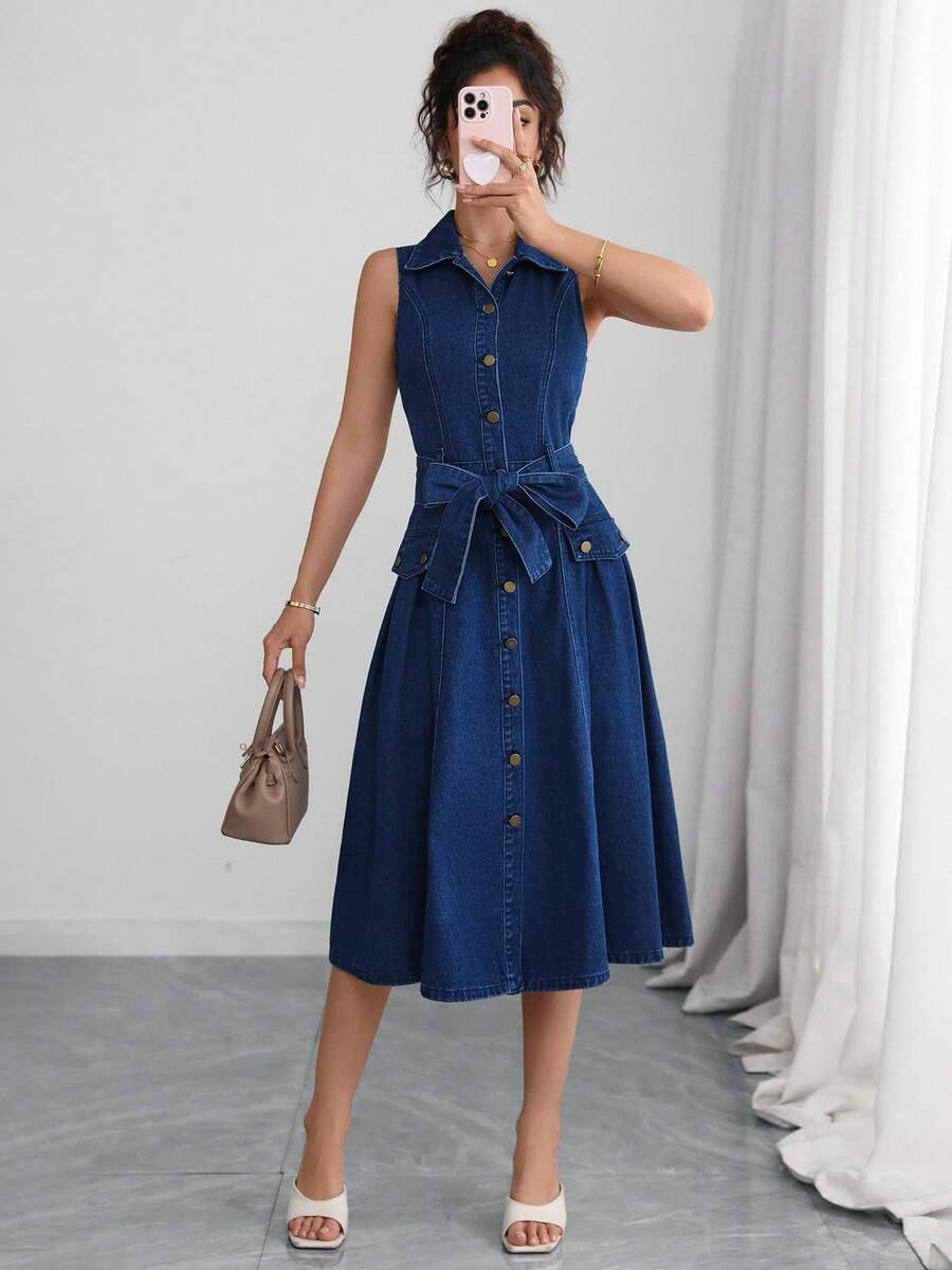 Selianne Women's Single-Breasted Waist-Knot Sleeveless Casual Denim Dress - Dark Wash - View 1