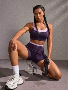 Powerista 女款簡約日常運動套裝 紫色與粉色拼接時尚運動套裝 內衣式上衣 跑步健身 夏季休閒健身房運動 假分層設計 - 紫色 - 查看 6