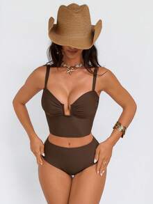 Shapewave Women's Brown Push-Up Tummy Control Back Drawstring Backless Vacation Slimming Camisole Bikini Top - Brown - View 6