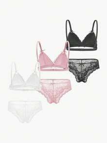 Bisouelle 3pcs Set Solid Color Lace Bralette & Bikini Panty Lingerie Set (No Wire Bra, Triangle Panty)For Summerfor Summer - Multicolor - View 2