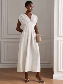 Livesso V-Neck Short Cap Sleeve White Embroidered Fabric Cinched Waist Full Skirt Vacation Style Women's Midi Dress Summer Brunch Romantic Elegant - White - View 5