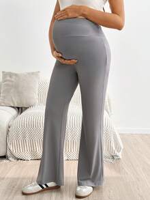 SHEIN Maternity Solid Color Adjustable Waist Casual Flare Leggings - Brown - View 8