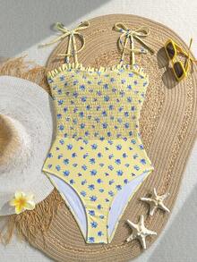 SHEIN Swim Đồ bơi một mảnh nữ dây áo spaghetti họa tiết hoa nhiệt đới ngẫu nhiên toàn thân màu vàng dễ thương cho bé gái, du lịch biển mùa xuân/hè - Nhiều màu - Xem 3