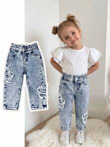 SHEIN Playful Pals Baby Girl Denim Long Pants Casual Cute Vintage Star-Shaped Loose Waist Design Blue Jeans, Suitable For Summer Outdoor Wear And Daily Wear - Blue - View 1