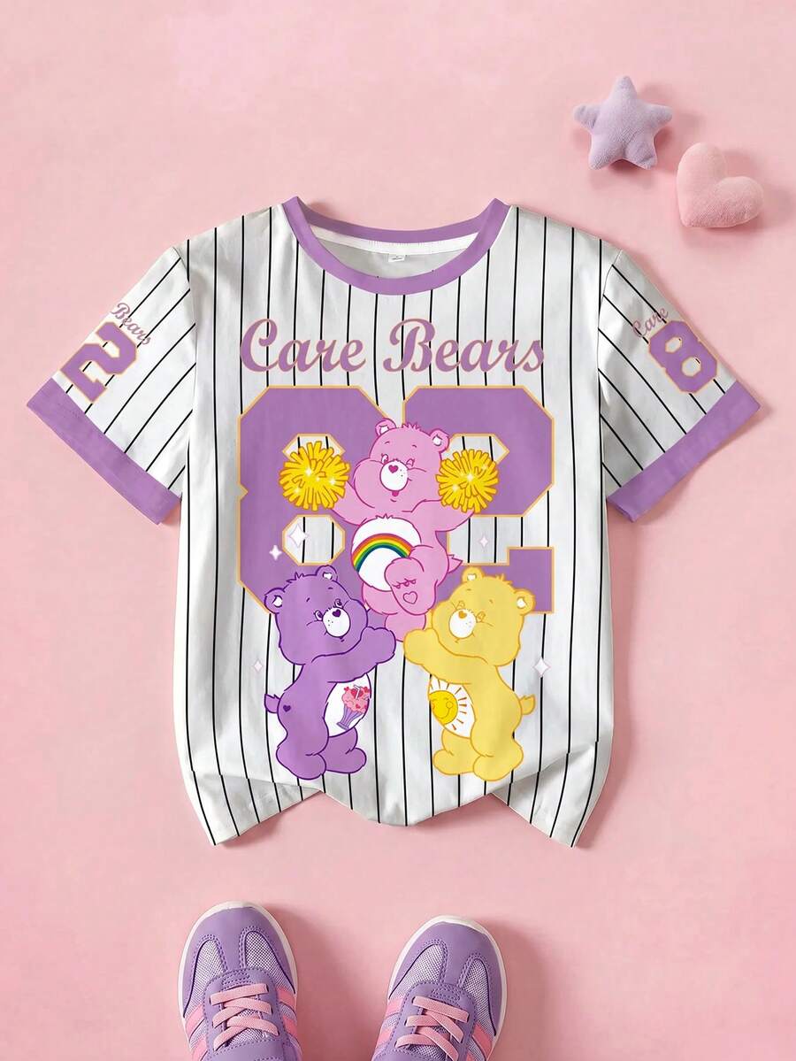 SHEIN X Care Bears 青少年女孩條紋熊圖案短袖T恤 - 白色 - 查看 1
